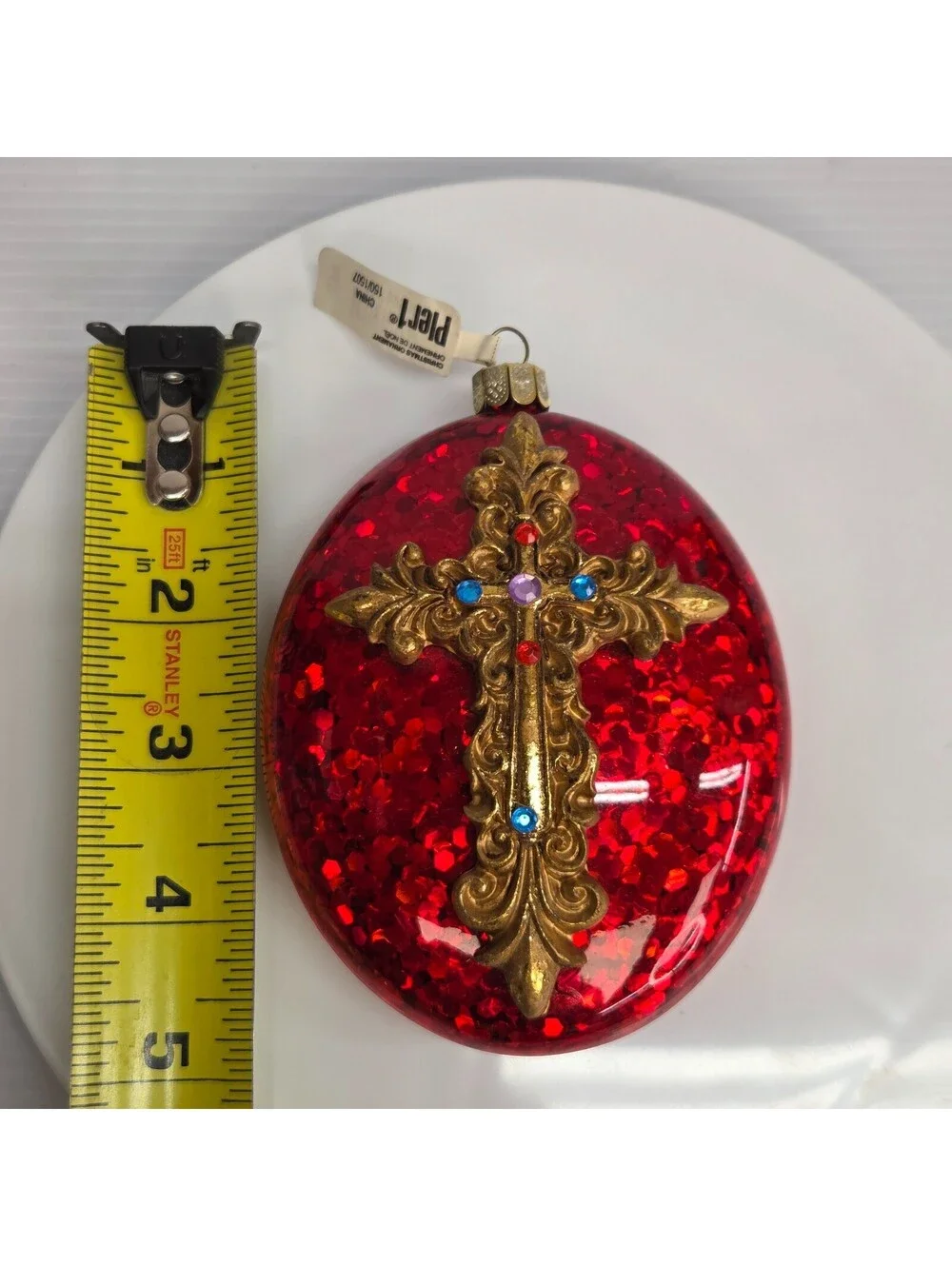 Pier 1 Red Glitter Glass Gold Cross Gem Christmas Ornaments Set of 3